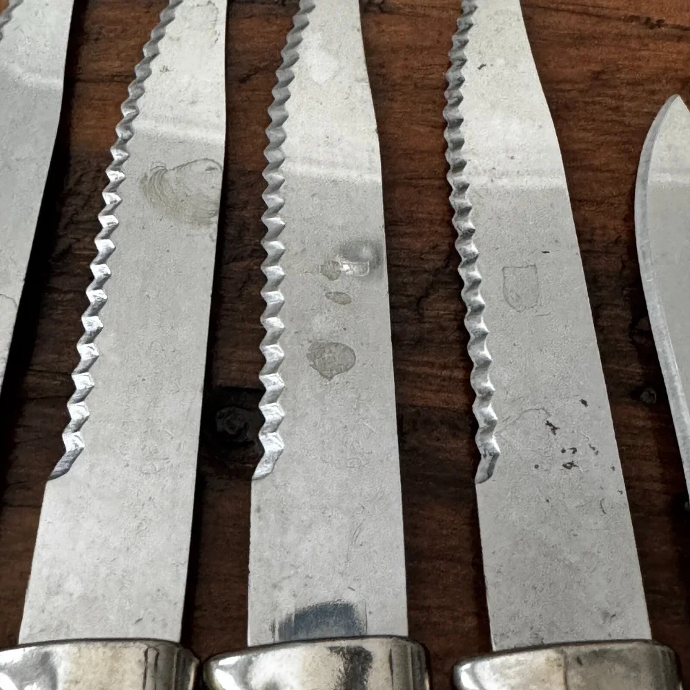 MCM Vintage 10 Regent Sheffield Kitchen Knives & One fork‎ Ivory Brown Leaf